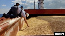 The JCC officials onboard Sierra Leone-flagged cargo ship Razoni, carrying Ukrainian grain, during an inspection in the Black Sea